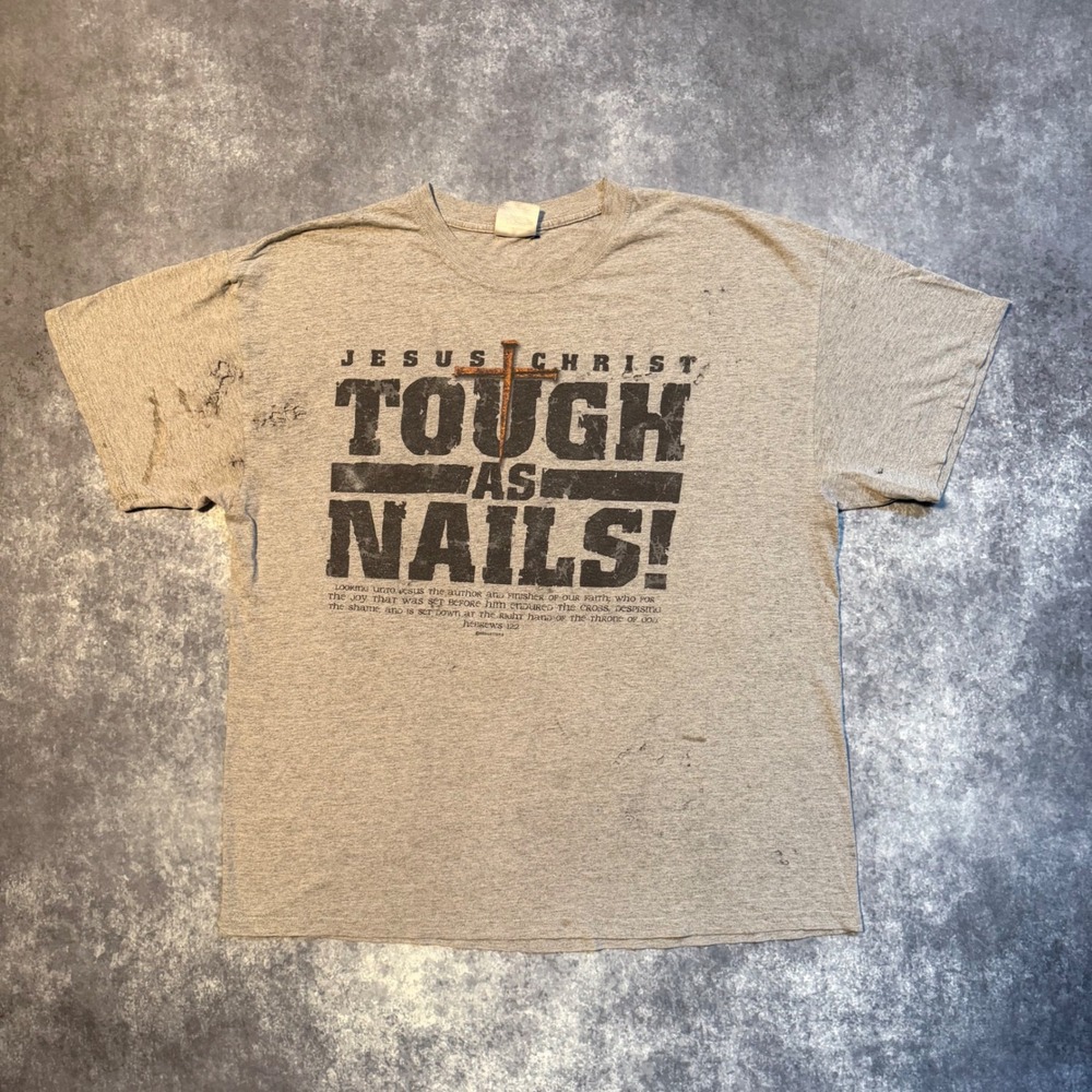 Vintage Jesus Graphic Tee Jesus Christ Tough As Nails Distressed T-Shirt XL Gray
